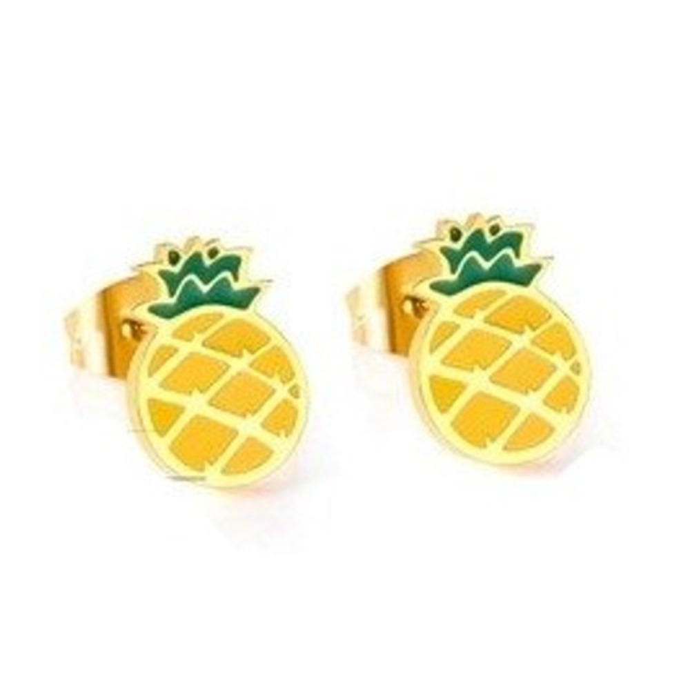Gold Plated‎ Stainless Steel Pineapple Stud Earrings Tropical Fruit Yellow Green